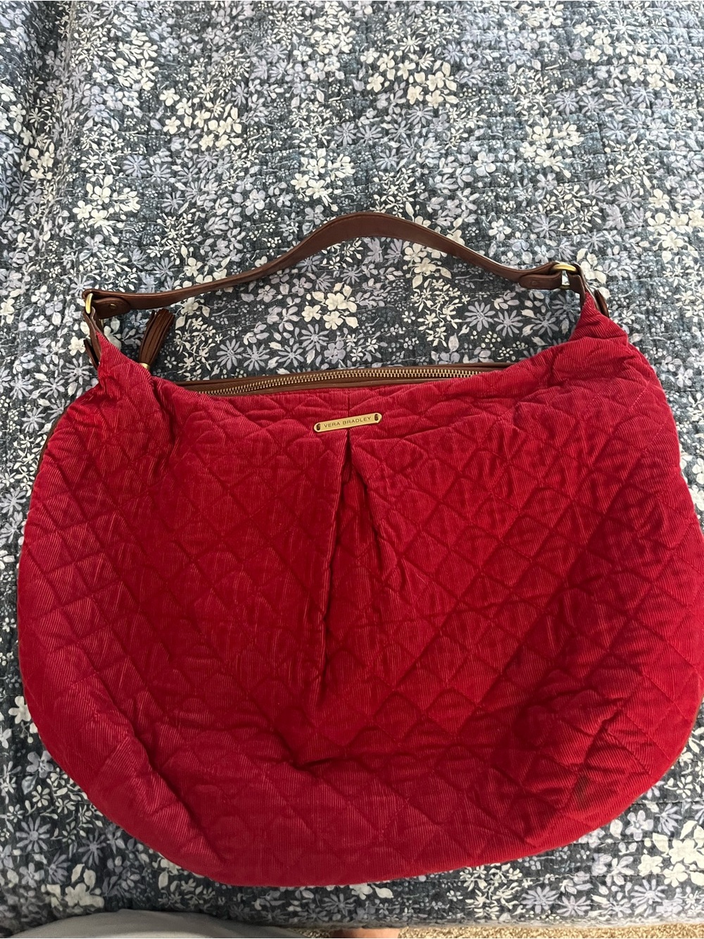 Vera Bradley Red Quilted Corduroy Hobo with Brown Handle